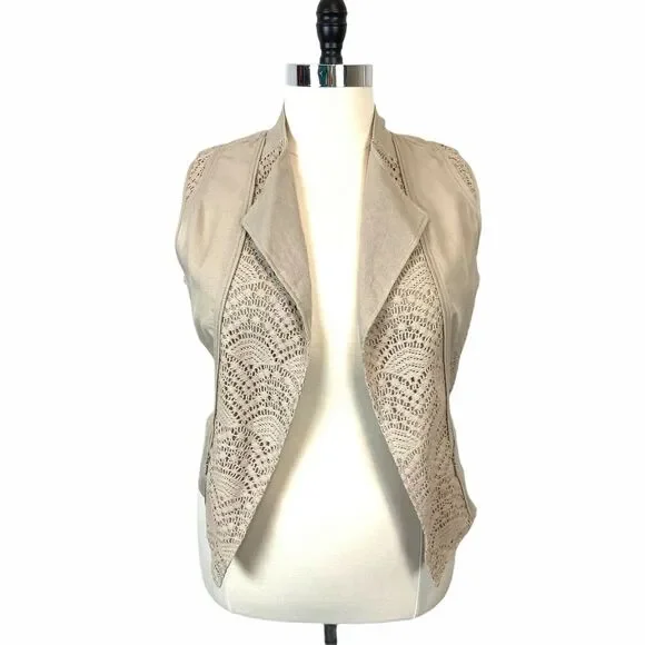 Chico's Vest Romantic Cottage Crochet Lace Open Front Sz 10 12 Tan Cream NWT - Picture 2 of 16